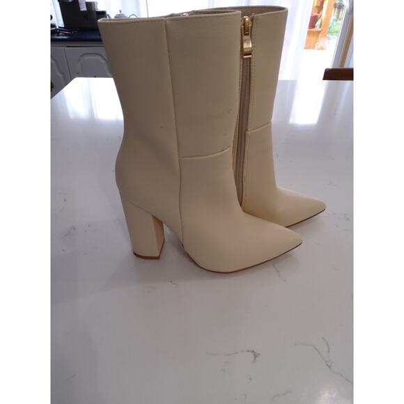 ⏳Lulu's Ivory mid-calf faux leather vegan boots block Heel pointed toe W sz 5 - Picture 1 of 9